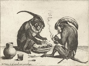 Two monkeys smoking pipe, Quirin Boel, David Teniers (II), unknown, 1635 - 1690