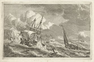 Ships in distress at a rocky shore, Gerrit Groenewegen, 1807