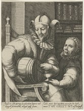 Jester with wine cask, Jacob Goltzius (II), Anonymous, 1584 - 1630