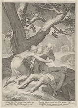 Adam and Eve mourn the death of Abel, Jan Saenredam, Isack Houwens, Theodorus Schrevelius, 1604