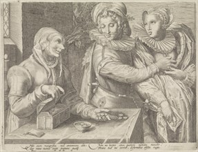 Young couple and an old woman with money box (Unequal love), Anonymous, Jan Saenredam, Hendrick