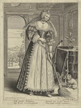 Woman with broom in an interior, Theodor Matham, C. David, Lodewijk XIII koning van Frankrijk, 1627