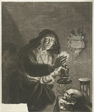 Old woman by candlelight, Albert Haelwegh, print maker: Anonymous, Joachim von Sandrart, in or