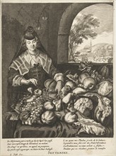 September represented as woman at table laden with fruits and vegetables, Cornelis van Dalen II,