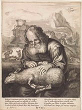 June: A shepherd shears a sheep, print maker: Anonymous, Jonas Suyderhoef, Joachim von Sandrart,