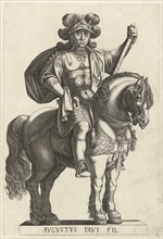 Equestrian Portrait of Emperor Augustus, print maker: Laurens Eillarts, Antonio Tempesta, 1616 -