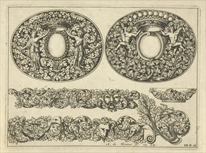 Two oval lids for boxes, two leafs, a small plate and a corner motif of leaf tendrils, Anthonie de