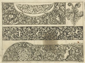 Three strips with foliate scrolls, masks and putti, Anthonie de Winter, Anonymous, 1696