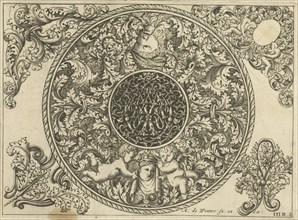 Edge of circular plate with leaf tendrils, masks and putti, Anthonie de Winter, C. de Moelder, 1696