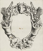 Cartouche with lobe ornament with animals, print maker: Michiel Mosijn, Gerbrand van den Eeckhout,