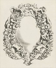 Cartouche with lobe ornament with four children and two angels, print maker: Michiel Mosijn,
