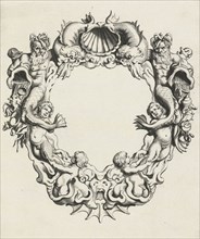 Cartouche with lobe ornament, a top shell flanked by dolphins, print maker: Michiel Mosijn,