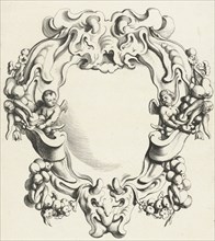 Cartouche with lobe ornament with two putti, print maker: Michiel Mosijn, Gerbrand van den