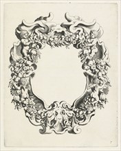 Cartouche with lobe ornament with two putti and four angels, Michiel Mosijn, Gerbrand van den