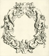 Both the lower right and left under a sea god blowing on a sea shell, print maker: Michiel Mosijn,