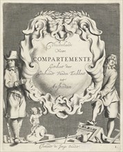 Cartouche with lobe ornament held up by two men, print maker: Michiel Mosijn, Gerbrand van den