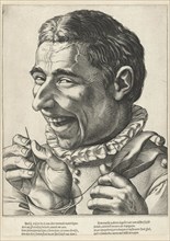 Laughing jester with needle and thread, Hendrick Goltzius, Anonymous, 1590 - 1610