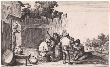 Five farmers around a barrel, David Teniers II, Anonymous, 1626 - 1740