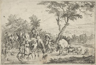 Farmers stabbing a creek with their flock, H. Pielmans, c. 1700
