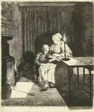 Mother giving her son lesson, print maker: Louis Bernard Coclers, 1756 - 1817
