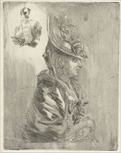 Study Sheet with the portrait of a young woman with hat and two smaller portraits, Louis Bernard