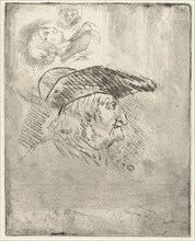 Study Sheet mans head with hat and woman with cap, print maker: Louis Bernard Coclers, 1756 - 1817