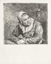 Portrait Bust of a smiling old woman with white cap and collar, on her shoulder is an owl, print