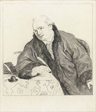 Johan Antoni Kauclitz Colizzi sitting at table with a quill in his hand, on the table a number of