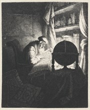 Reading man with glasses in a study room, print maker: Jan Gillisz. van Vliet, 1634