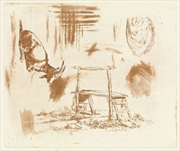 Study Sheet with reclining goat, a wooden bench and a drapery, Johannes Huibert Prins, 1767-1806
