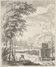 Landscape with a fountain and a donkey, Albert Meyeringh, 1695 - 1714