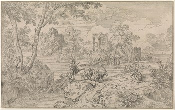 Arcadian landscape with a goatherd. print maker: Abraham Genoels, 1650 - 1723