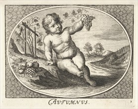 Autumn in form of child with grapes and fruit in oval, Cornelis van Dalen II, print maker: