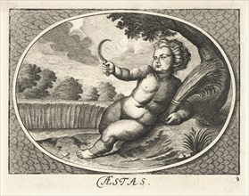 Summer in form of child with scythe and sheaf of corn near cornfield, Cornelis van Dalen II,