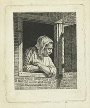 Woman leaning on arms in window opening, print maker: Cornelis van Cuylenburgh II, 1768 - 1827