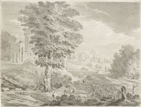 Landscape with a city in the background, a shepherd against a tree around him graze his sheep,