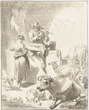 Shepherd sits on a rock and plays the flute, a shepherdess spinning, goats and cows are around the