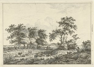 In a pasture with sheep are two people in the background at a gate, in the foreground a dog with a