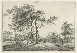 In a landscape with tall trees, a woman and a child in the grass, on the path, a man with a basket