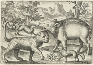 Leopard, boar, and two dogs, Nicolaes de Bruyn, 1594