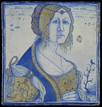 Tile with Portrait of a woman, originally used as a brick in the house Wijnhaven 16 in Delft The