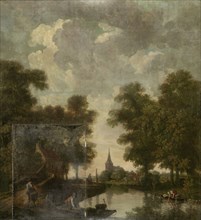 Painted wallpaper with a Dutch Landscape with river, attributed to Jurriaan Andriessen, c. 1776