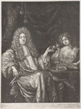 Portrait of Adriaen van Beverland with a lady of easy virtue, Pieter Schenk (I), Ary de Vois, 1670