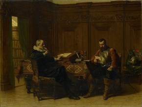Two men in a seventeenth - century interior , called Eene conference, Lambertus Lingeman, 1870