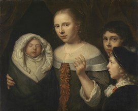Portrait of a young woman with three children, attributed to Wallerant Vaillant, 1650 - 1677
