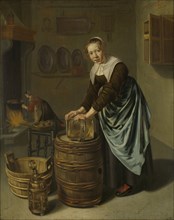 Woman scouring a vessel, Willem van Odekercken, 1631 - 1677