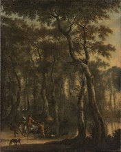 View of a Forest with Hunters, Jan Hackaert, 1660 - 1685