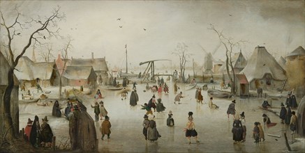 Skaters in a Village, Hendrick Avercamp, c. 1610, winter landscape on the ice