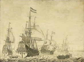 Seascape with the Dutch Men-of-War including the Drenthe and the Prince Frederick-Henry, Willem van