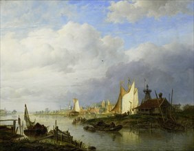 Boats on a River with a Beacon of Light, Hendrik Vettewinkel, 1847